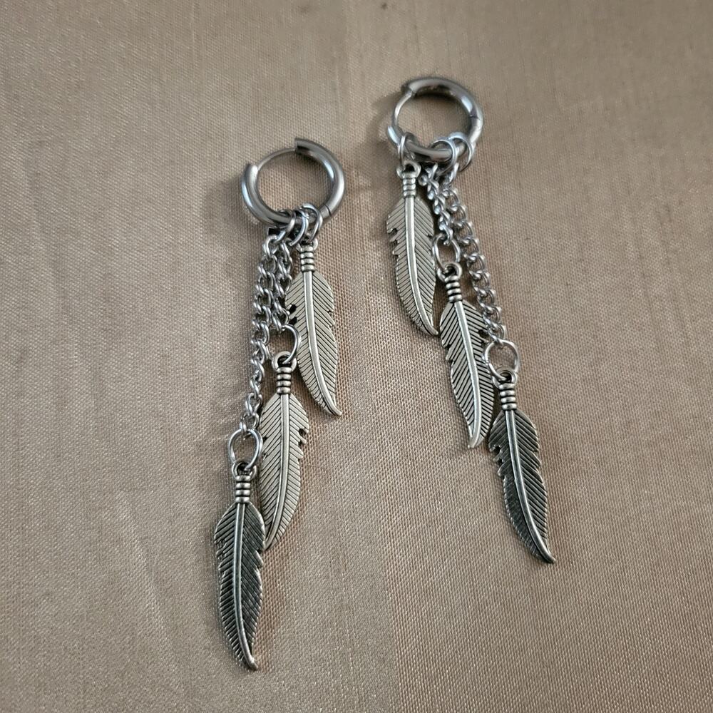 Silver stainless steel feather tassel earrings
